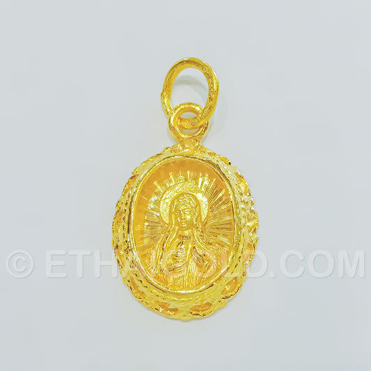 1/4 BAHT POLISHED MATTE DIAMOND-CUT SOLID OVAL-CASE VIRGIN MARY CHRISTIAN PENDANT IN 23K GOLD (ID: P0601S)