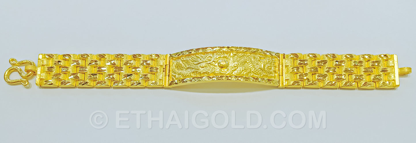 2 BAHT MATTE DIAMOND-CUT HOLLOW DRAGON FIVE ROW WATCH BAND BRACELET IN 23K GOLD (ID: B1002B)