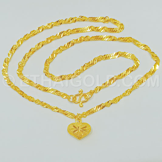 1 BAHT POLISHED SOLID SINGAPORE CHAIN HEART NECKLACE IN 23K GOLD (ID: N3601B)