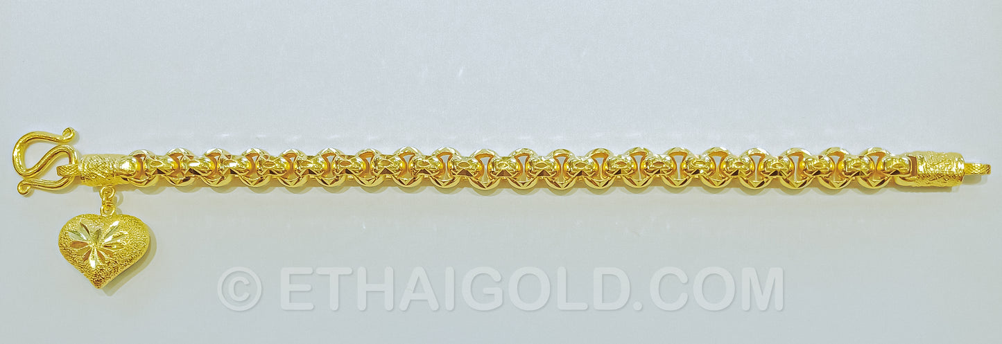 1 BAHT POLISHED DIAMOND-CUT SOLID ROLO CHAIN HEART BRACELET IN 23K GOLD (ID: B0901B)
