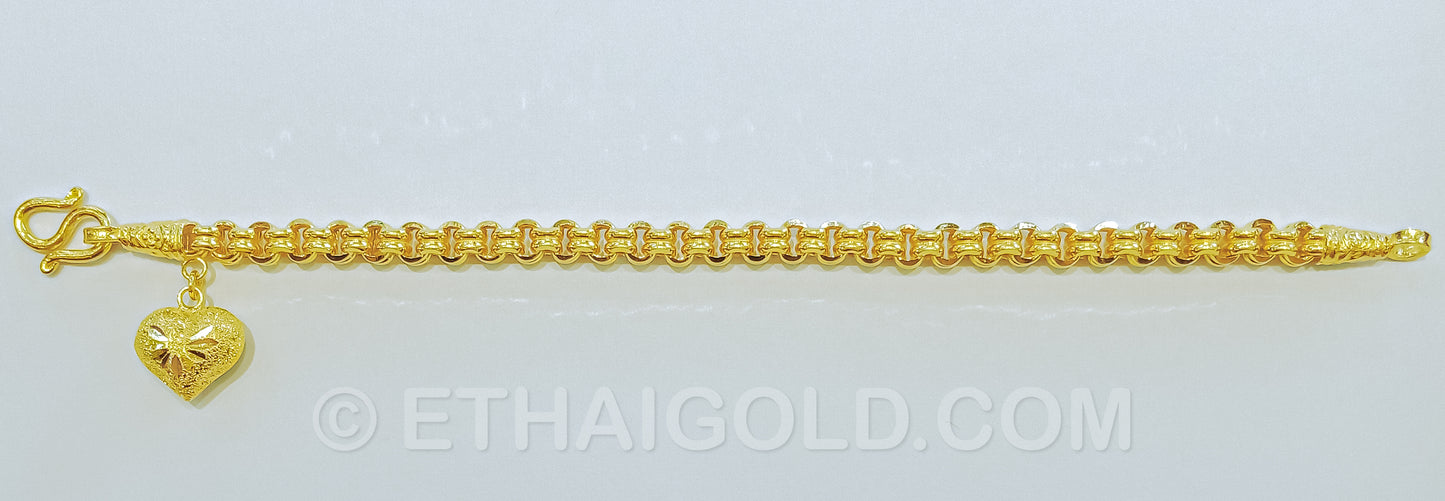 2 BAHT POLISHED DIAMOND-CUT SOLID DOUBLE LINK CHAIN HEART BRACELET IN 23K GOLD (ID: B7002B)