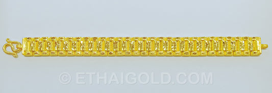 1 BAHT MATTE DIAMOND-CUT HOLLOW THREE ROW WATCH BAND BRACELET IN 23K GOLD (ID: B5201B)