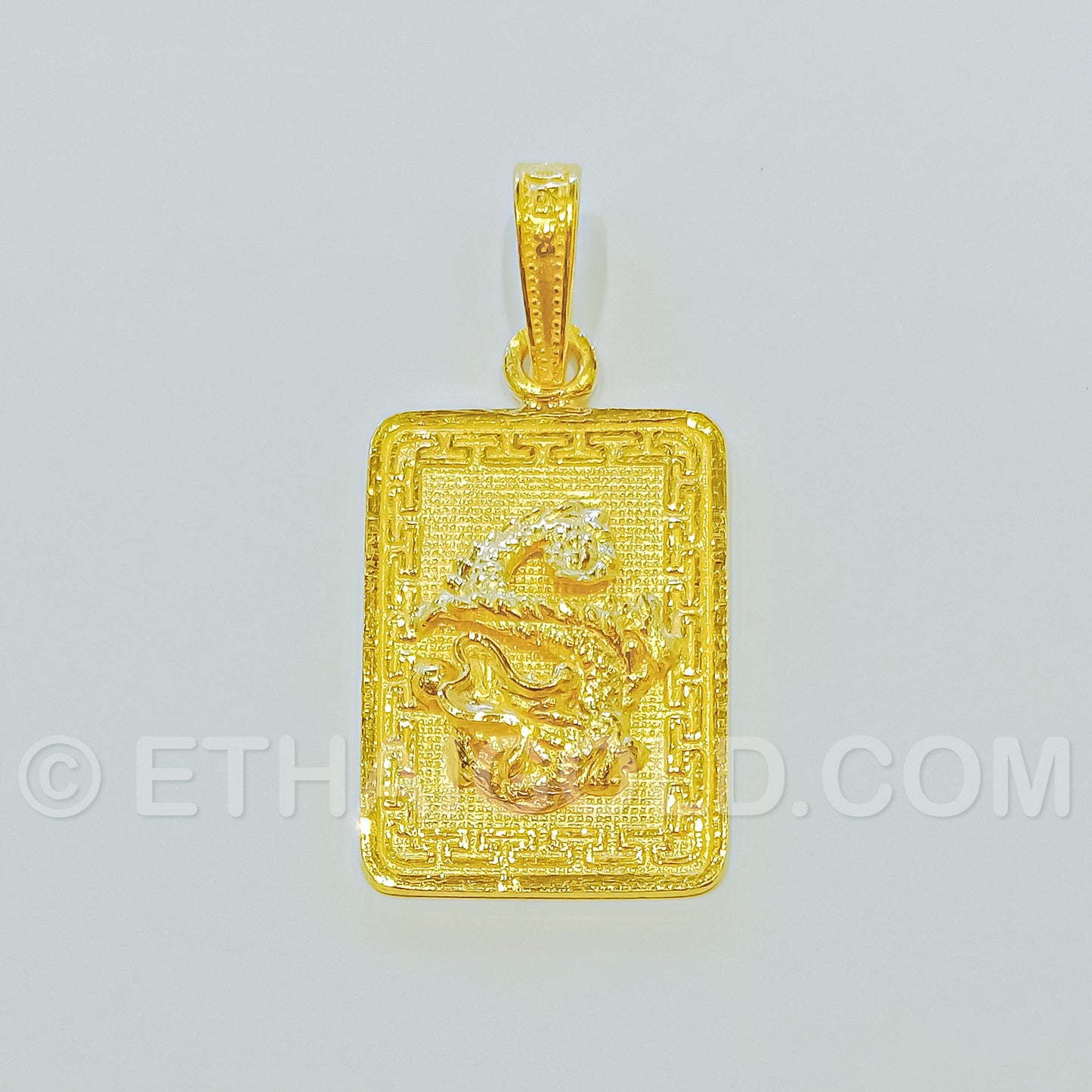 1 BAHT POLISHED MATTE SOLID RECTANGLE DRAGON PENDANT IN 23K GOLD (ID: P0701B)