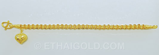 4 BAHT POLISHED DIAMOND-CUT SOLID DOUBLE LINK CHAIN HEART BRACELET IN 23K GOLD (ID: B7004B)