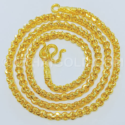 1/2 BAHT POLISHED DIAMOND-CUT SOLID ROLO CHAIN NECKLACE IN 23K GOLD (ID: N2502S)