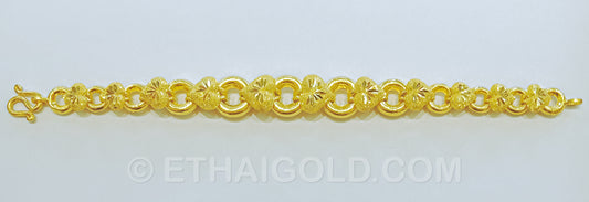 5 BAHT SPARKLING POLISHED DIAMOND-CUT HOLLOW HEART DONUT LINK BRACELET IN 23K GOLD (ID: B2405B)