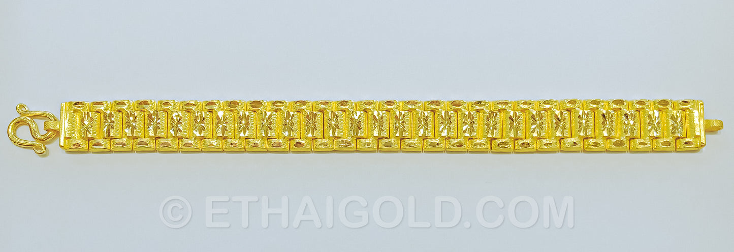 5 BAHT MATTE DIAMOND-CUT HOLLOW THREE ROW WATCH BAND BRACELET IN 23K GOLD (ID: B5205B)