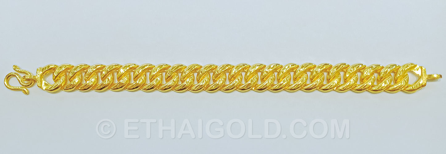 2 BAHT POLISHED DIAMOND-CUT HOLLOW CURB CHAIN BRACELET IN 23K GOLD (ID: B4402B)
